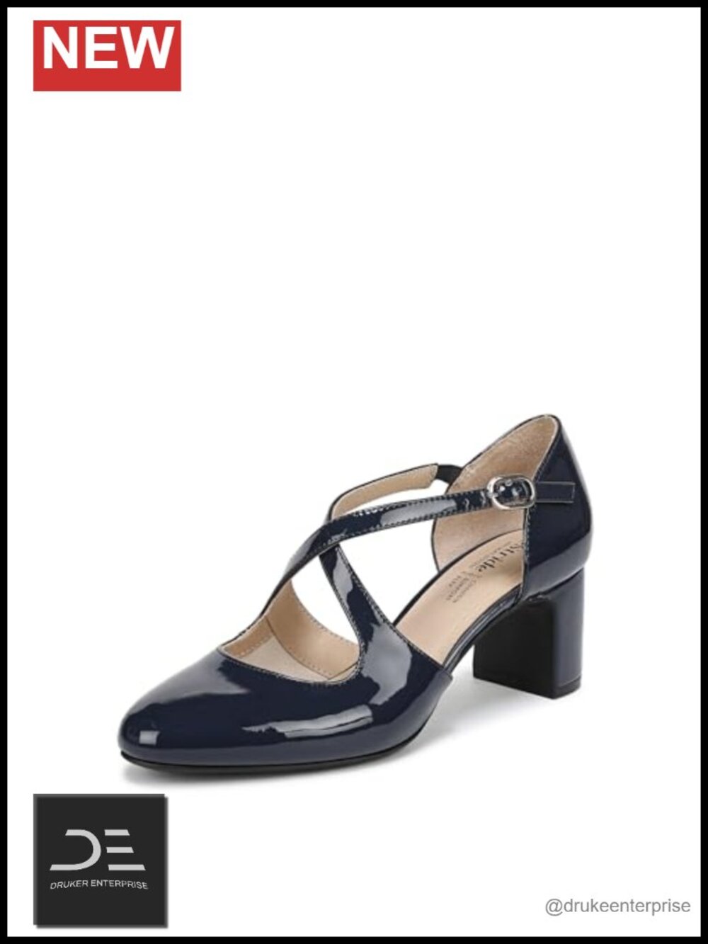 Womens Block Heel Pumps Crisscross Straps Buckle Almond Toe Patent PU